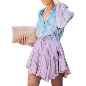 Clarisbelle Women's Long Sleeves Button up Tie Waist Tie-Dye Chiffon Dress